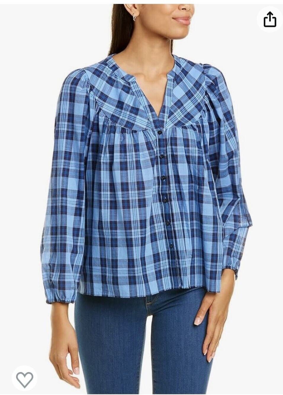 Draper James Button-Front Top in Midnight Plaid Blue Western Prairie Size S